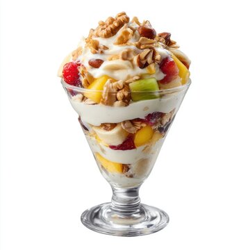 ice cream parfait with layered fruit and nuts isolated on a white background