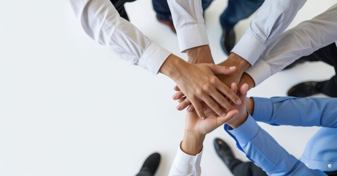 Business team stacking hands for unity, isolated on white background.