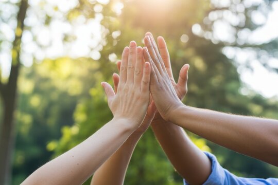 Group of people giving a high five together outdoors in a sunny park.