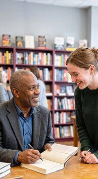 Black author signing a book for a young reader in a bookstore. Smiling senior writer and happy female fan at a book signing event. Bookstore background
