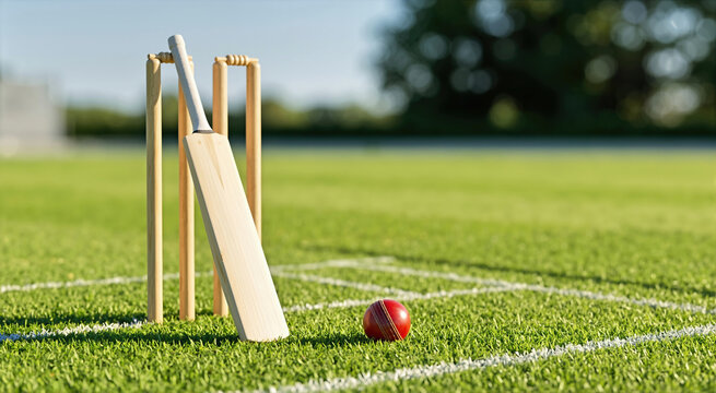 Cricket bat leaning against wooden wickets on a green grass pitch. Red leather cricket ball on the field near the white crease line