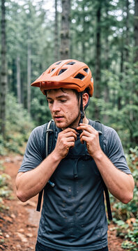 Young mountain biker adjusting the strap of his matte orange helmet. Mud-speckled male cyclist preparing for a ride on a forest trail