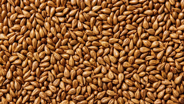Pile of roasted barley grains, scattered full frame texture in golden brown