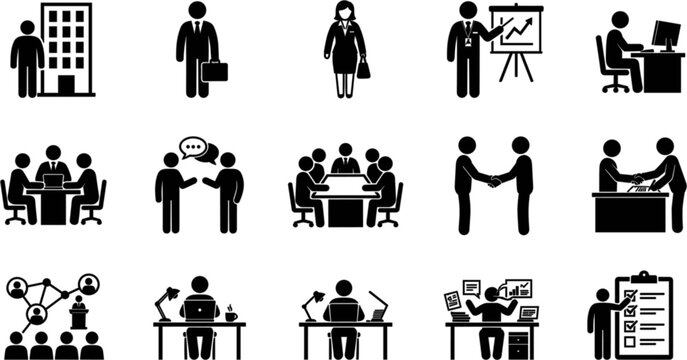 Set of business and office work icons representing corporate management, meetings, communication, and professional tasks