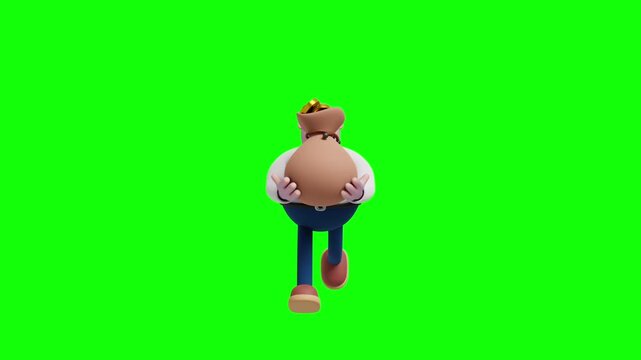 A 3D cartoon-style illustration of a bald, overweight businessman running from the side while holding a large money bag filled with gold coins