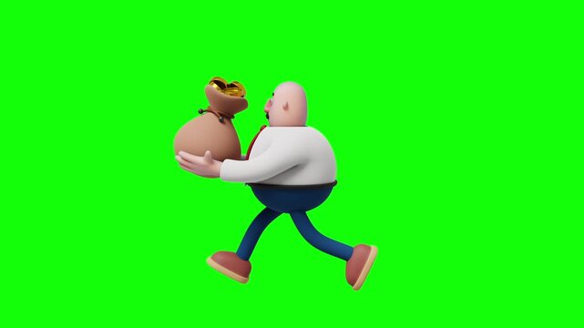 A 3D cartoon-style illustration of a bald, overweight businessman running from the side while holding a large money bag filled with gold coins