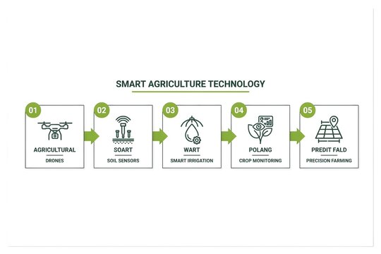 Smart agriculture technology infographic with icons and process steps