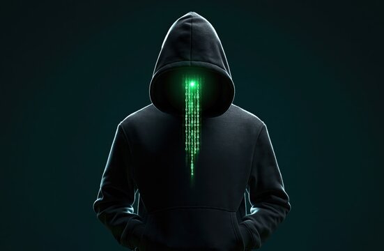 Hacker in a dark hoodie with digital binary code representing cyber data security