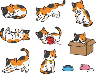 Fototapeta premium Cute Calico Cat Cartoon Vector Set Featuring Playful Kitten Sleeping Stretching Playing with Yarn and Sitting in Box Illustrations