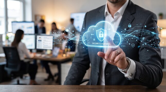 Businessman hand touching virtual secure cloud data icon with padlock symbol and binary code streams, representing cybersecurity information protection encryption technology