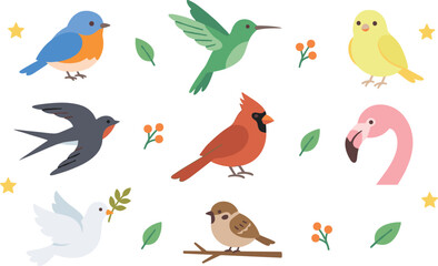 Fototapeta premium Cute Cartoon Birds Vector Set Featuring Hummingbird Bluebird Cardinal Swallow Dove Sparrow Flamingo Canary and Leaves for Spring Wildlife Designs