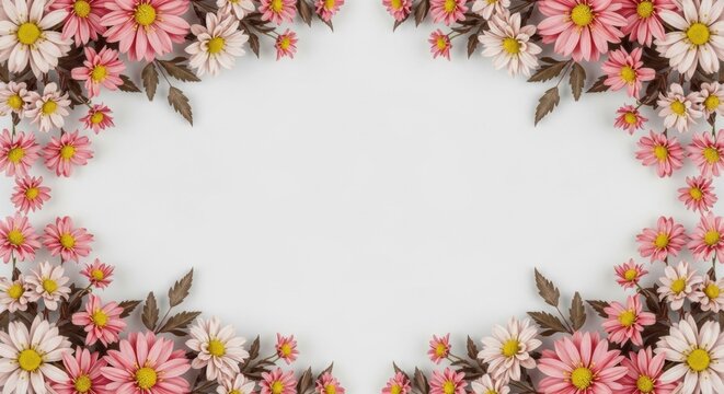 Symmetric floral border featuring pink and pale cream chrysanthemum blossoms with yellow centers and dark brown leaves, arranged on a plain white background with central copy space.