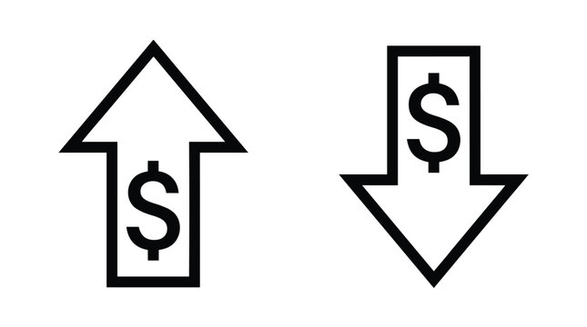 Black outline dollar sign up and down arrows financial concept vector illustration with up arrow money arrows price increase price decrease market trends business graphic icon set up arrow