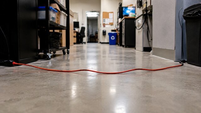 Extension cord stretched loosely across busy workplace walkway creating obvious trip hazard, realistic office and workplace safety violation