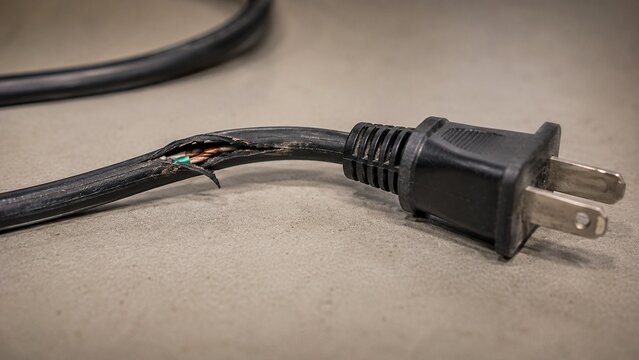 Close-up of workplace electrical cable with visibly cracked and frayed outer insulation near plug, realistic electrical shock and fire hazard