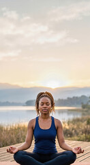 Fototapeta premium Vertical photo of Black woman meditating in lotus position. African American female practicing yoga on wooden deck at sunrise