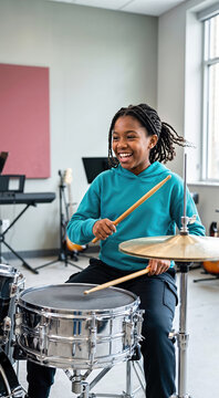 Smiling young Black girl playing a chrome snare drum. Happy female student practicing drums in a music classroom. Youth education and musical talent concept