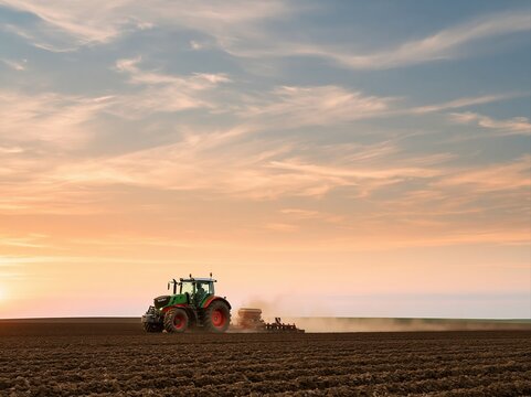 Tractor plowing a dark soil field for agriculture during a vibrant golden hour sunset
