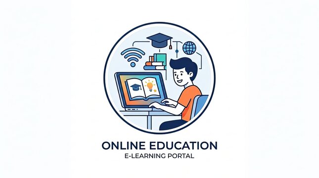 Illustration of online learning with a student using a laptop and digital resources
