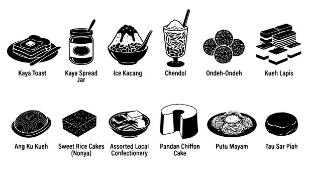 Singapore traditional sweets and desserts black silhouette vector set