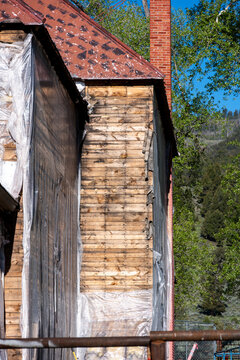 Closeup detail restoration construction of historic buildings of old Fort Yellowstone, park administrative headquarters at Mammoth Hot Springs, summer vacation exploring Yellowstone National Park
