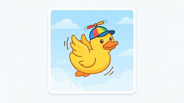 Cute cartoon duck flying in the sky with a propeller hat