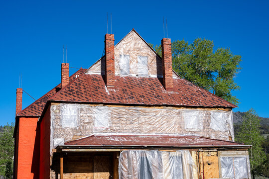 Closeup detail restoration construction of historic buildings of old Fort Yellowstone, park administrative headquarters at Mammoth Hot Springs, summer vacation exploring Yellowstone National Park
