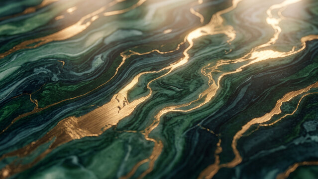 Emerald green and gold fluid art marbled stone texture background