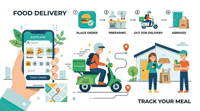 Food delivery process illustrated from ordering to arrival via app and scooter