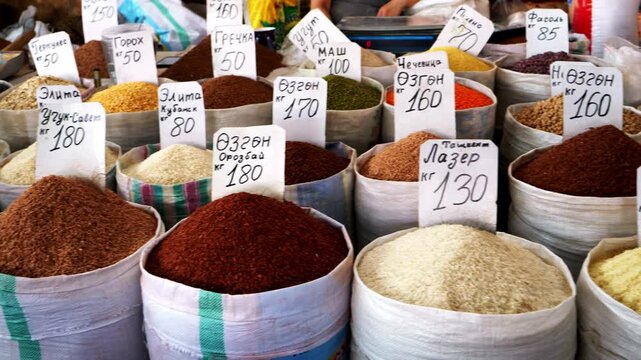 Display of various products at the local market in Bishkek.