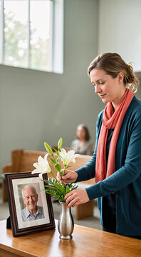 Woman arranging white lily flowers in metal vase next to framed portrait photo of senior man during memorial service. Funeral ceremony, tribute and remembrance concept, vertical interior shot