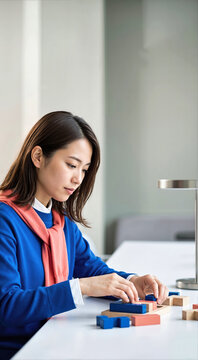 Focused Japanese woman solving colorful wooden logic blocks puzzle on white table in modern office interior. Female employee practicing problem solving, spatial reasoning, creativity and strategy
