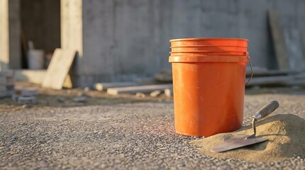 Naklejka premium An orange 5 gallon pail sitting beside a metal trowel on a pile of sand at a construction site with shallow focus