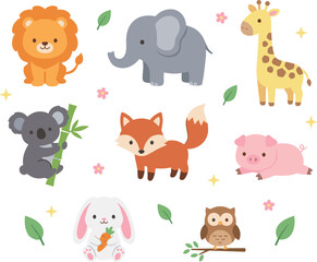 Obraz premium Cute Animal Cartoon Character Vector Sticker Set Featuring Lion Elephant Giraffe Koala Fox Pig Bunny Rabbit and Owl with Green Leaves
