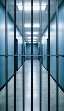 Vertical photo of prison bars looking into an empty hallway. Symmetrical corridor in a modern jail facility. Bright overhead lights