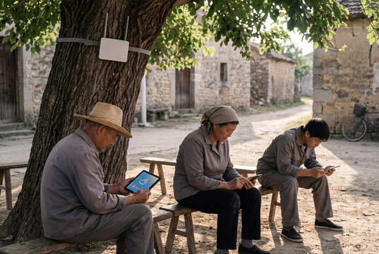 Rural community using a Wi-Fi hotspot outdoors