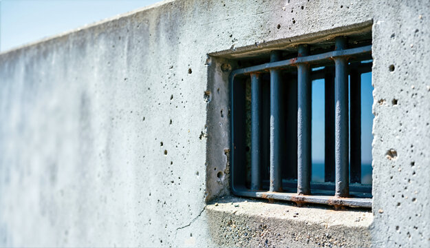 Barred window in a weathered concrete wall. Rusty metal grates of a prison cell. Blue sky visible through the opening