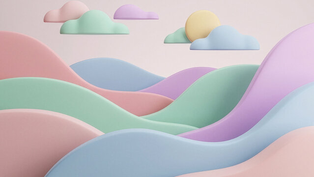 Cute pastel 3D abstract landscape with rolling hills stylized clouds and sun