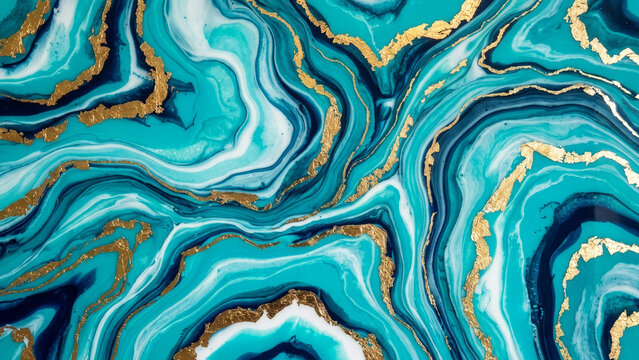 Vibrant turquoise and deep blue marbled fluid art background with gold foil elements