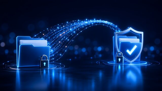Secure digital file transfer concept illustrating encrypted data flowing between two glowing blue folders with a padlock and protective shield.