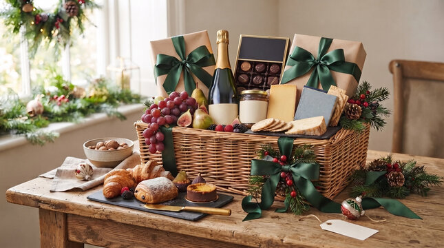 Luxury Christmas Food Gift Basket with Wine Pastries and Cheese on Wooden Table