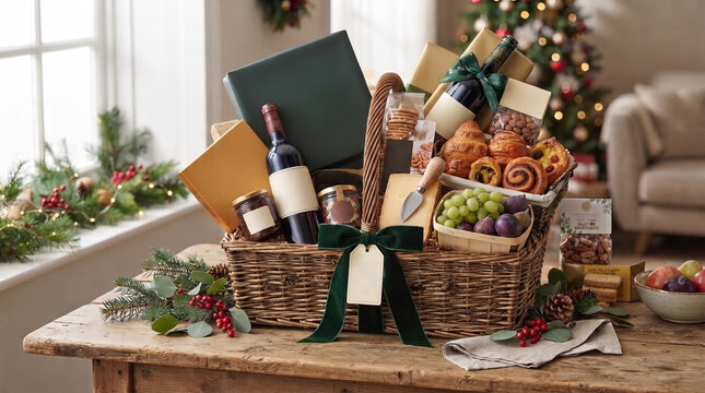 Luxury Christmas Food Gift Basket with Wine Pastries and Cheese on Wooden Table