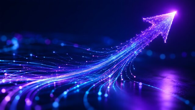 Dynamic glowing fiber optic light trails converging into a powerful upward arrow symbolizing high speed data and technological progress.