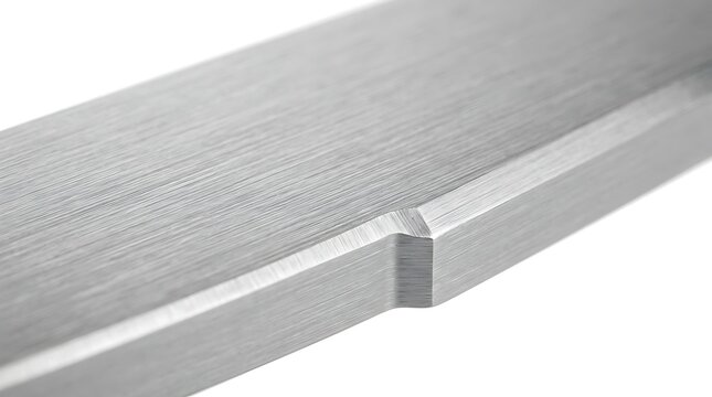 Macro of brushed steel bar with precise machined notch on white background