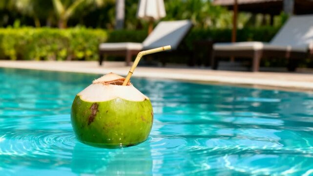 fresh green coconut with bamboo straw floating on turquoise pool water