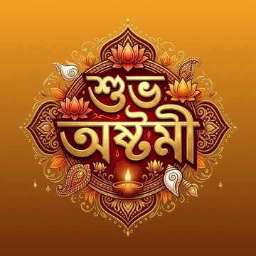 Shubho Ashtami Bengali festival wishes greeting banner with golden calligraphy mandala design and lit diya on orange background