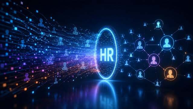 Futuristic HR digital portal transforming abstract data streams into an organized human resources employee network for smart talent acquisition.