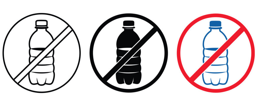 No plastic bottle prohibition sign icon set with plastic free symbol for environmental protection, recycling, and sustainability