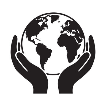 Black and white vector illustration of human hands holding earth globe