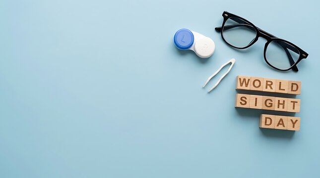 World sight day wooden blocks with eyeglasses on blue background